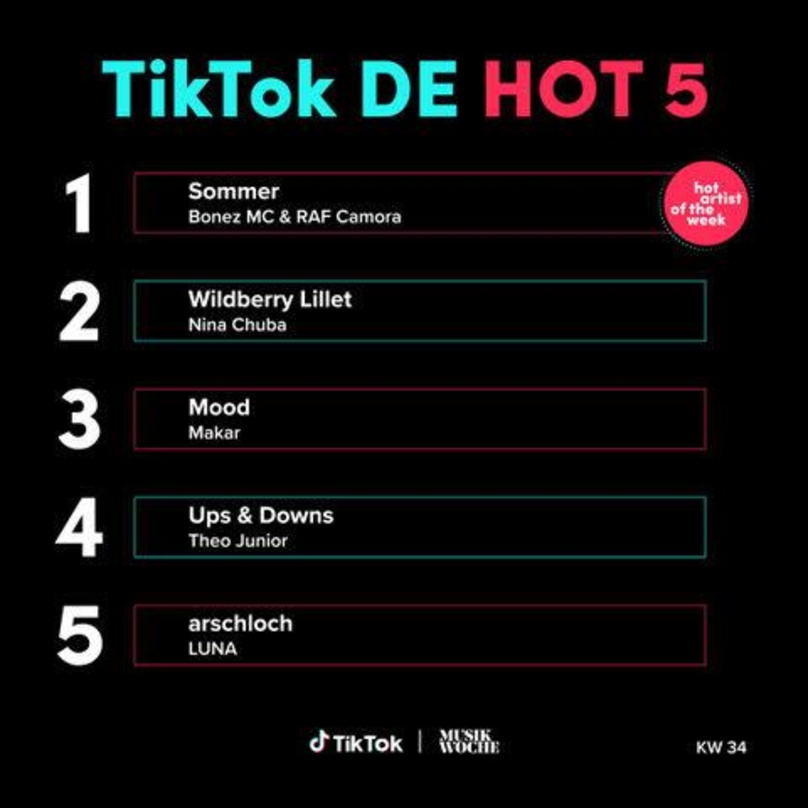 01325fa41b3b44e1f601b77d26e76368c3f9b04208a059bd9ed2fbfdcb775d25 Auf Platz eins der TikTok DE Hot 50 in der KW34: Bonez MC & Raf Camora mit "Sommer"