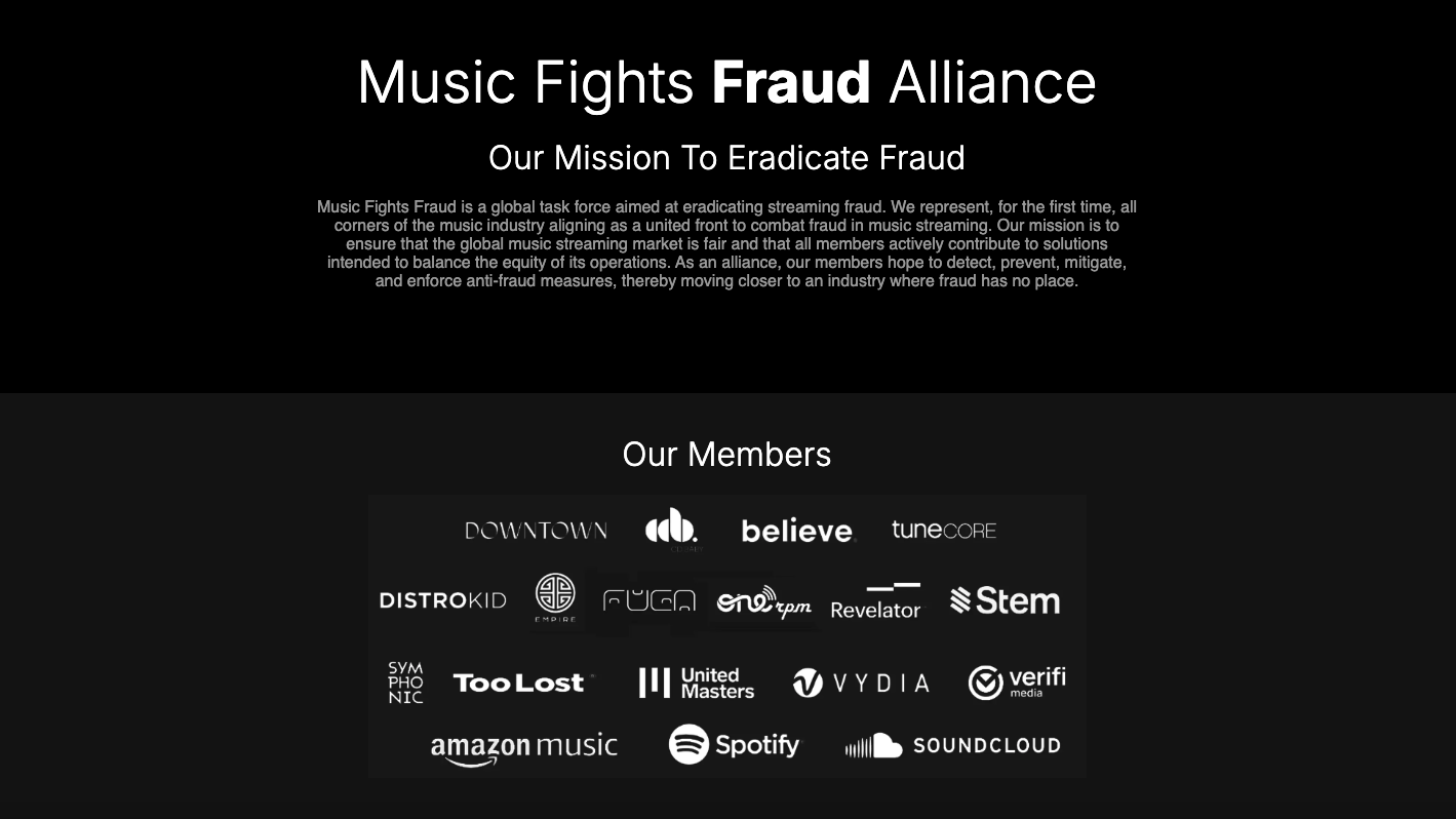 Wollen gemeinsam gegen Betrug im Musikstreaming kämpfen: Die Mitglieder der Music Fights Fraud Alliance.