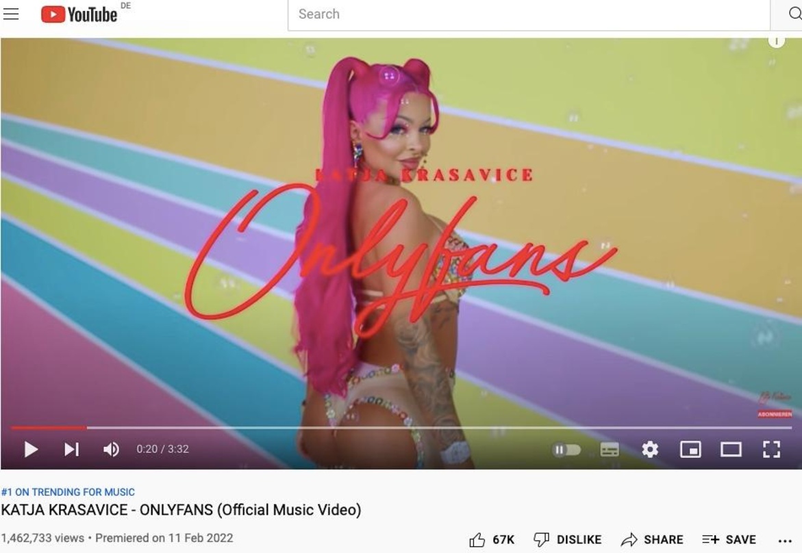 Katja Krasavice landete am Wochenende mit dem Video zu ihrem Track "Onlyfans" an der Spitze der deutschen YouTube-Musik-Trendcharts