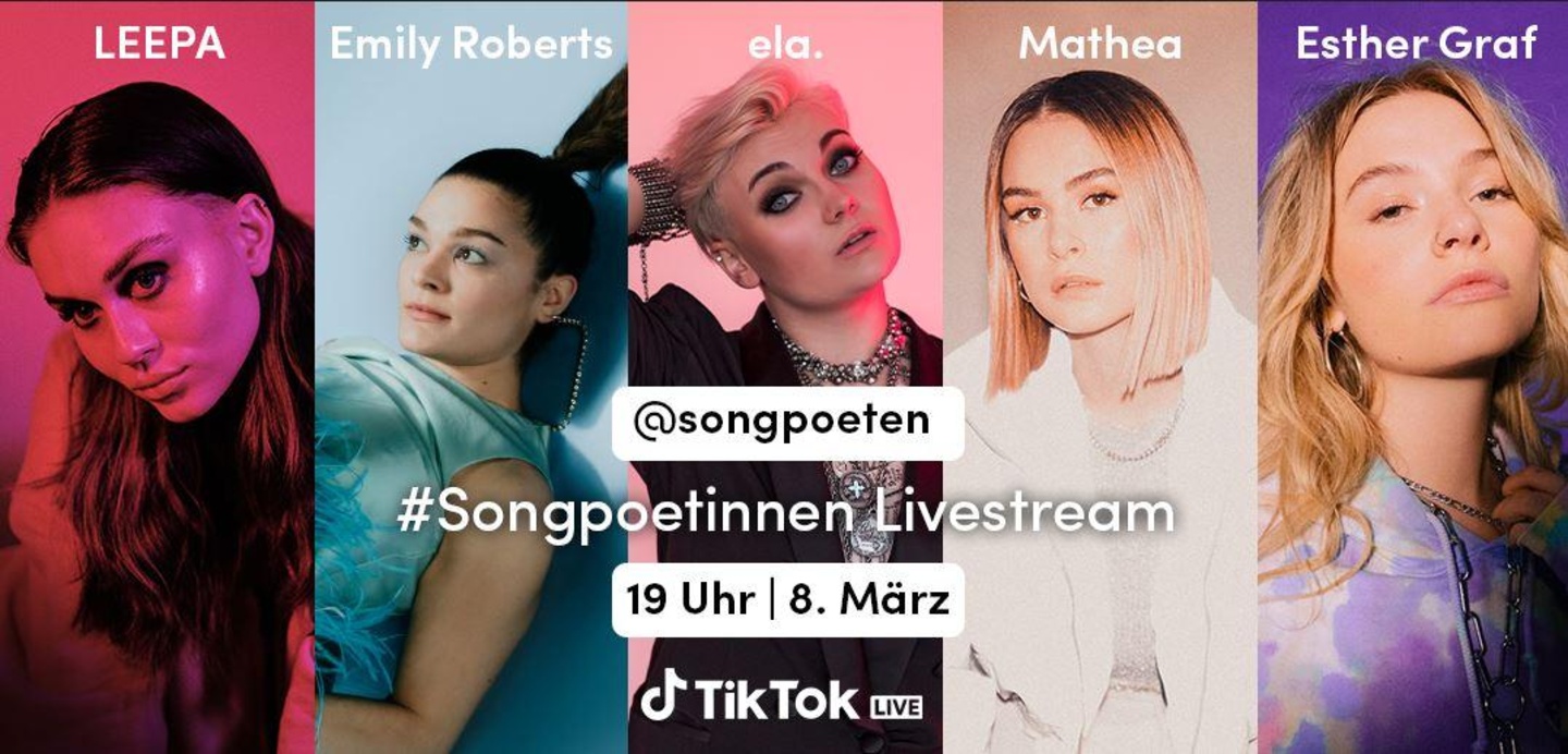 Präsentieren sich beim Showcase von Sony Music und TikTok (von links): Leepa, Emily Roberts, ela, Mathea und Esther Graf