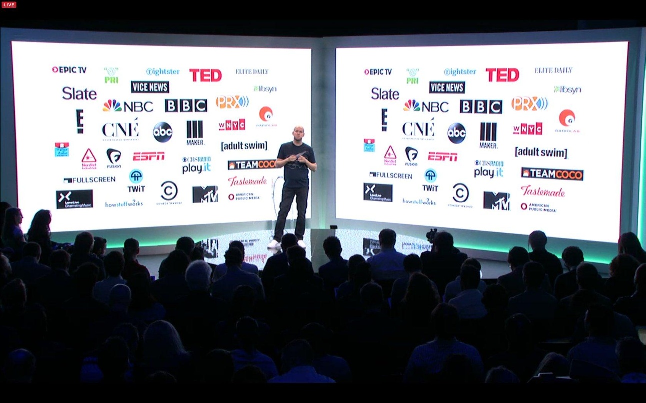Holt zahlreiche Medienpartner mit Video- und Audioinhalten auf die Spotify-Plattform: CEO Daniel Ek bei der Präsentation am 20. Mai in New York