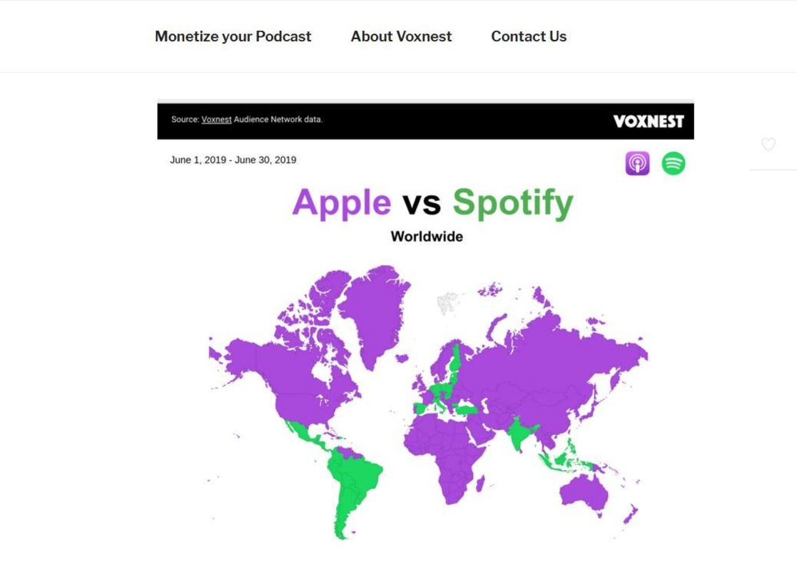 Zeigt die weltweite Gewichtung von Podcast-Hörern auf den beiden Diensten an: im Juni lief Spotify hier unter anderem in Deutschland, Indien und Spanien den Konkurrenten von Apple den Rang...