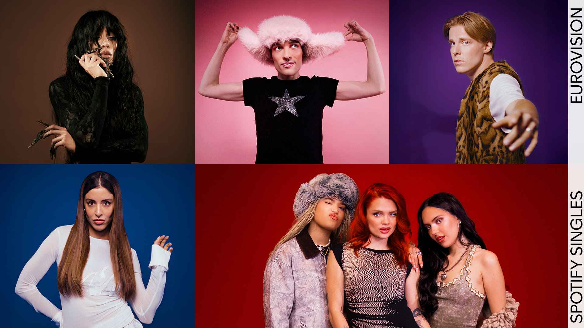 Widmen sich für Spotify ESC-Hits (von links oben nach rechts unten): Loreen, Nemo, Ennio, Marina Satti und Babie Lato.