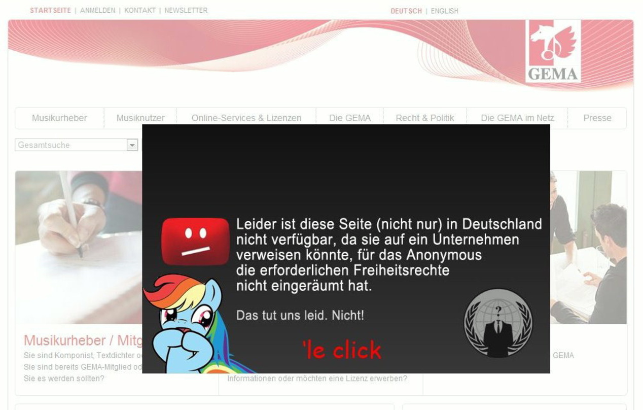Aktivistenhinweis mit Pony-Bildchen: Auf diese Nachricht werden Besucher der GEMA-Seiten umgeleitet