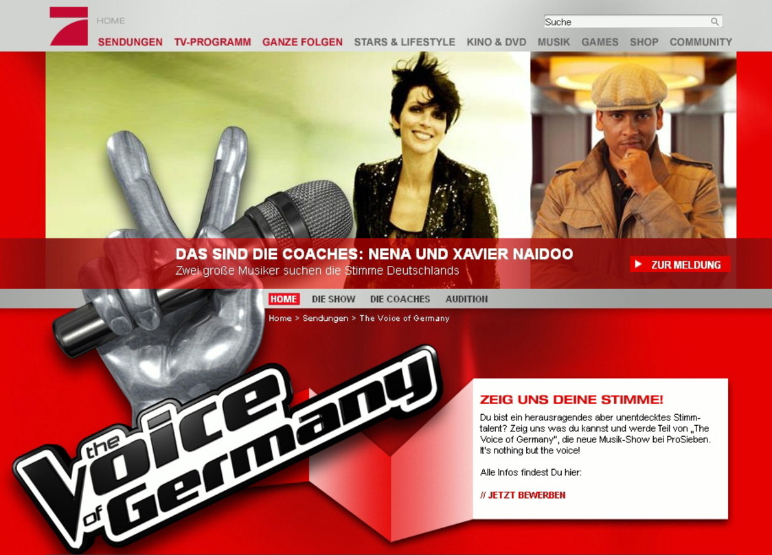 Eine Talentshow, in der es nur um die Musik gehen soll: "The Voice Of Germany" (Foto: Screenshot ProSieben)