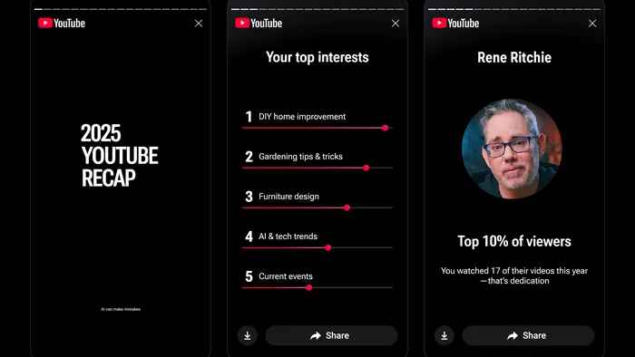 Nun auch YouTube: Unter dem Namen "Recap" startet die Videoplattform ihren personalisierten Jahresrückblick.