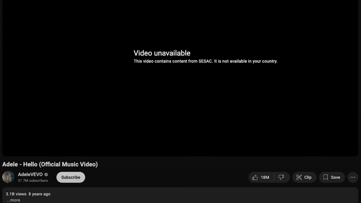 Nicht mehr verfügbar: YouTube blockt wegen eines auslaufenden Deals mit SESAC viele Songs, unter anderem "Hello" von Adele.