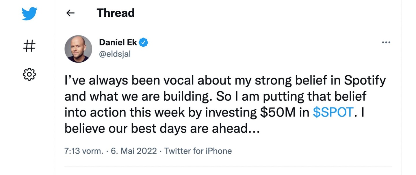 101efa0d70cc5782e4c8bcf007f62eca0556099a8fbc71afaa1586736a5cdabc Kauft zu: Spotify-CEO Daniel Ek kündigte via Twitter an, 50 Millionen Dollar in Aktien von Spotify investieren zu wollen
