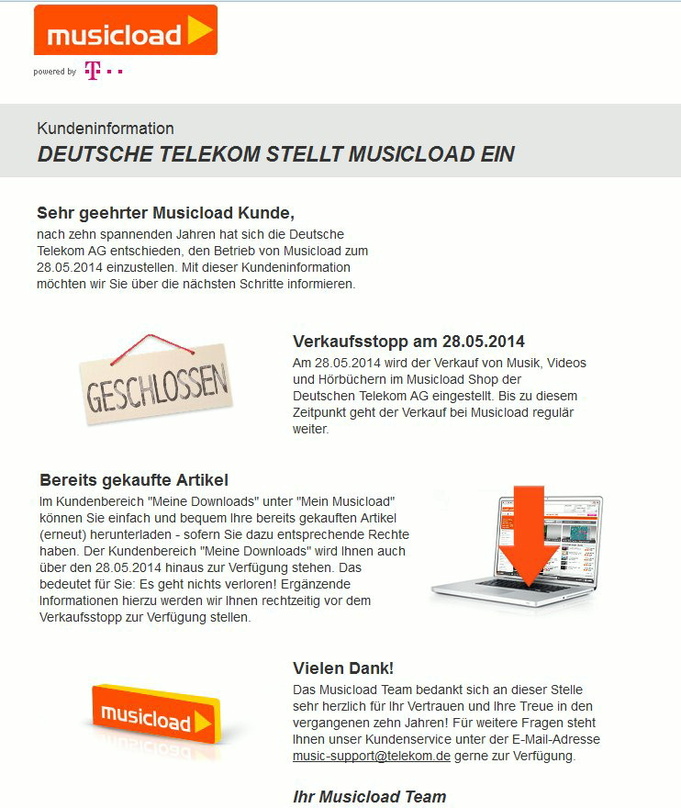 Bald ist es vorbei: Die Deutsche Telekom will den Betrieb von Musicload Ende Mai einstellen