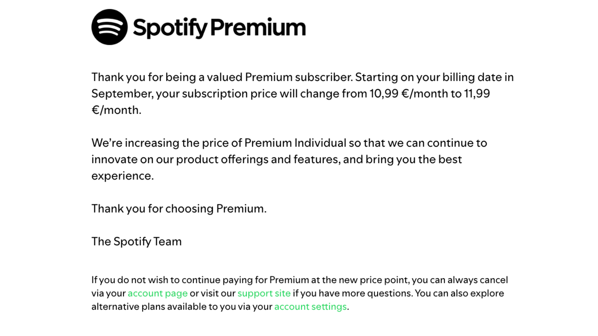 Eine Mitteilung an die Kund:innen: Spotify zeigt begleitend zur Meldung eine beispielhafte Mail Benachrichtigung an die Nutzer:innen.