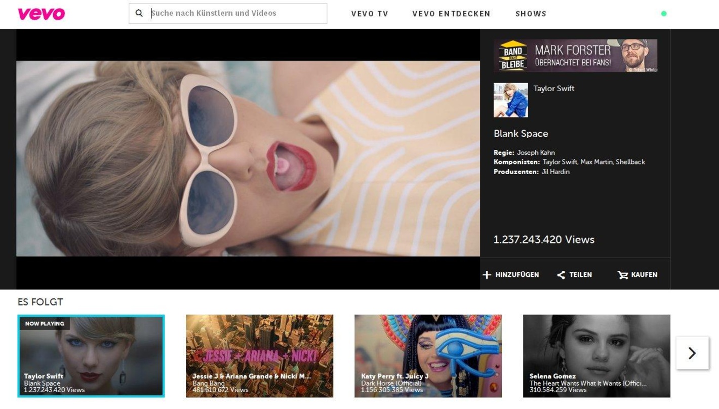 Hat Justin Bieber überholt: Taylor Swift übernimmt die Spitze bei den weltweit am häufigtsne über Vevo abgerufenen Videoclips