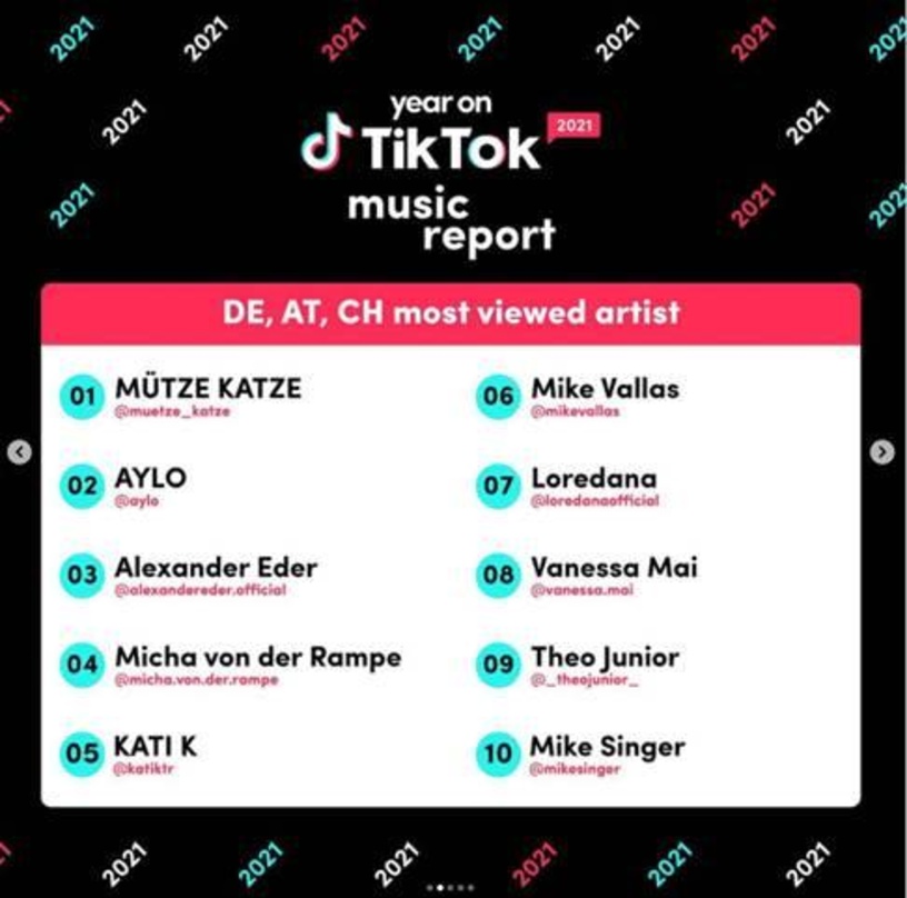 Konnten sich 2021 in den Top 10 der "most viewed artists" platzieren: Alexander Eder, Micha von der Rampe und Mike Singer