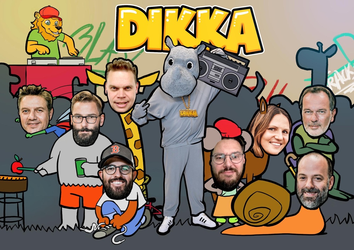 Neue Crew für das rappende Nashorn (von links): Jörg Hackelbörger (Fliege), Alexander Gellner (Eisbär), Tom Bohne (Giraffe), Cecil Remmler (Fuchs), Dikka, Paul NZA (Maus), Nina Addin (Pfer...