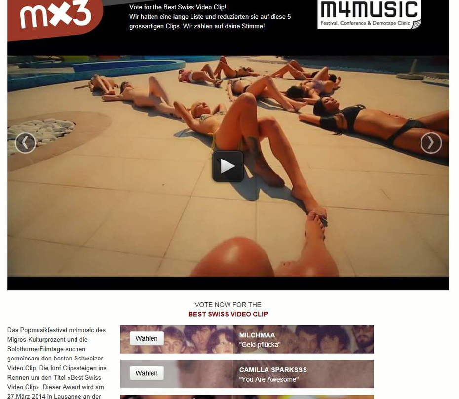 Hier werden die fünf besten Schweizer Videoclips ermittelt: die Homepage der Schweizer Musikplattform mx3.ch