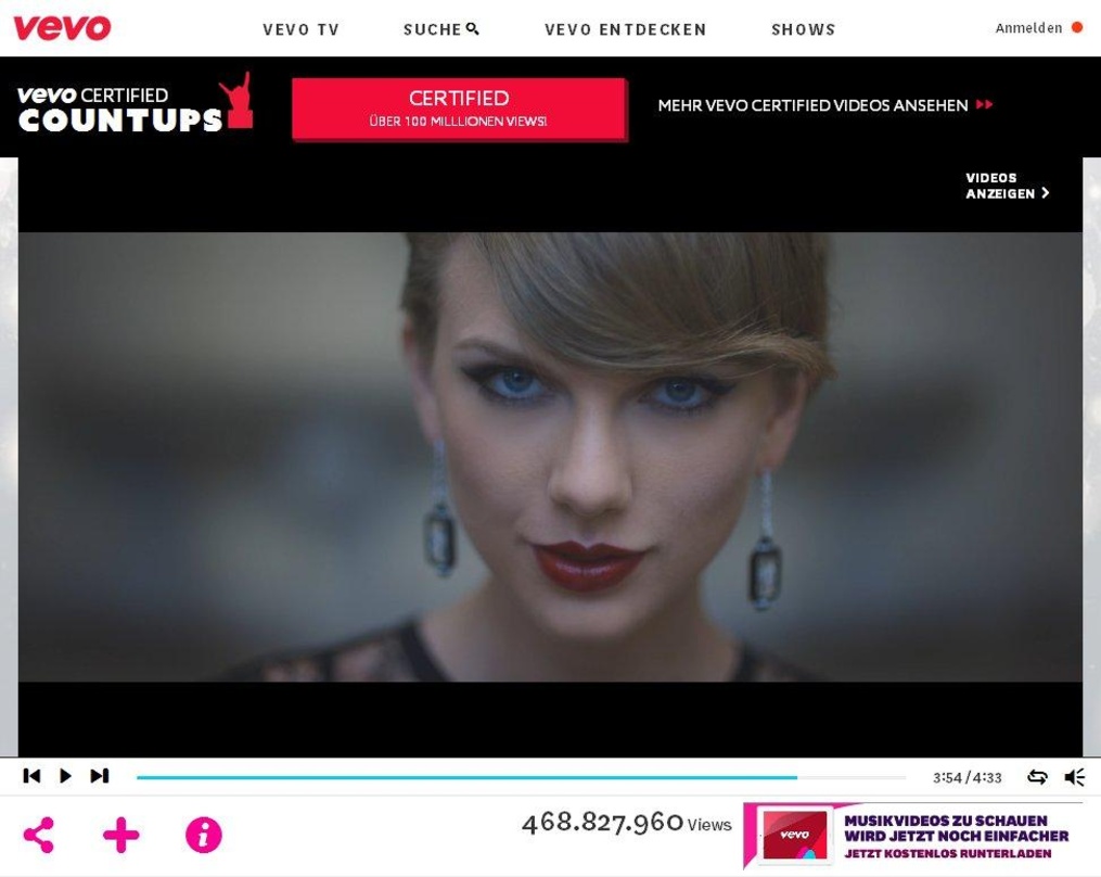 Bringt es bei Vevo auf bald 470 Millionen Views, zeigt sich aber bei werbefinanzierten Audiostreamingdiensten weiter enthaltsam: Taylor Swift mit ?Blank Space?