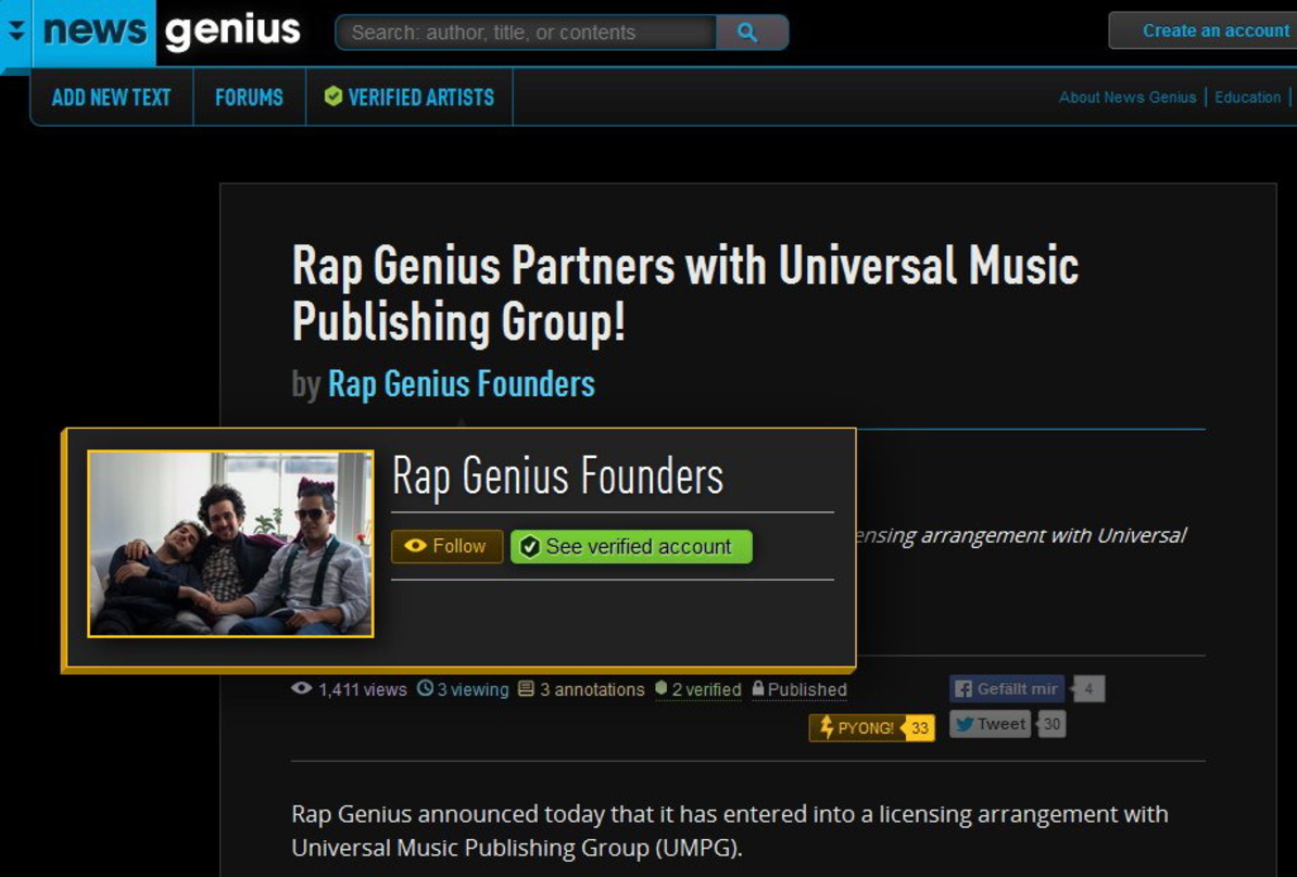 Will sein Angebot an Songtexten offenbar rechtlich unangreifbar machen: das Gründerteam von Rap Genius