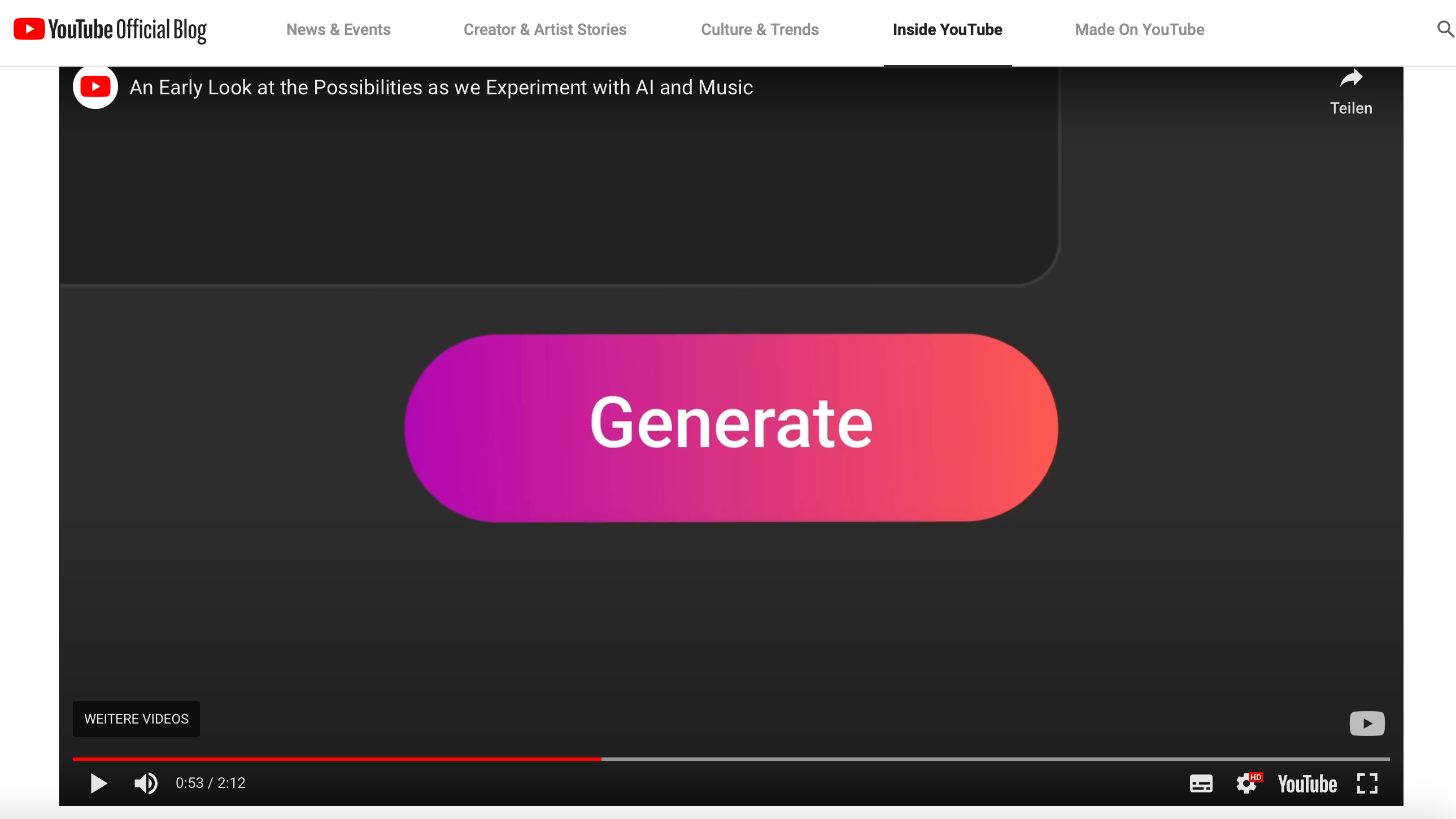 "Generate": Am Beispiel "man summe der KI eine kleine Melodie vor, und lasse daraus ein Saxofonsolo generieren" hatten Google und YouTube Mitte November das Projekt "Dream Track" vorgestellt.