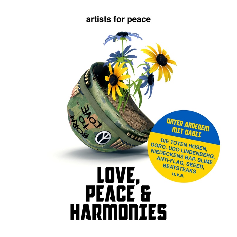 Bildet eine Hommage an das Kinoposter des Anti-Kriegsfilms "Full Metal Jacket": das Cover von "Artists for Peace".