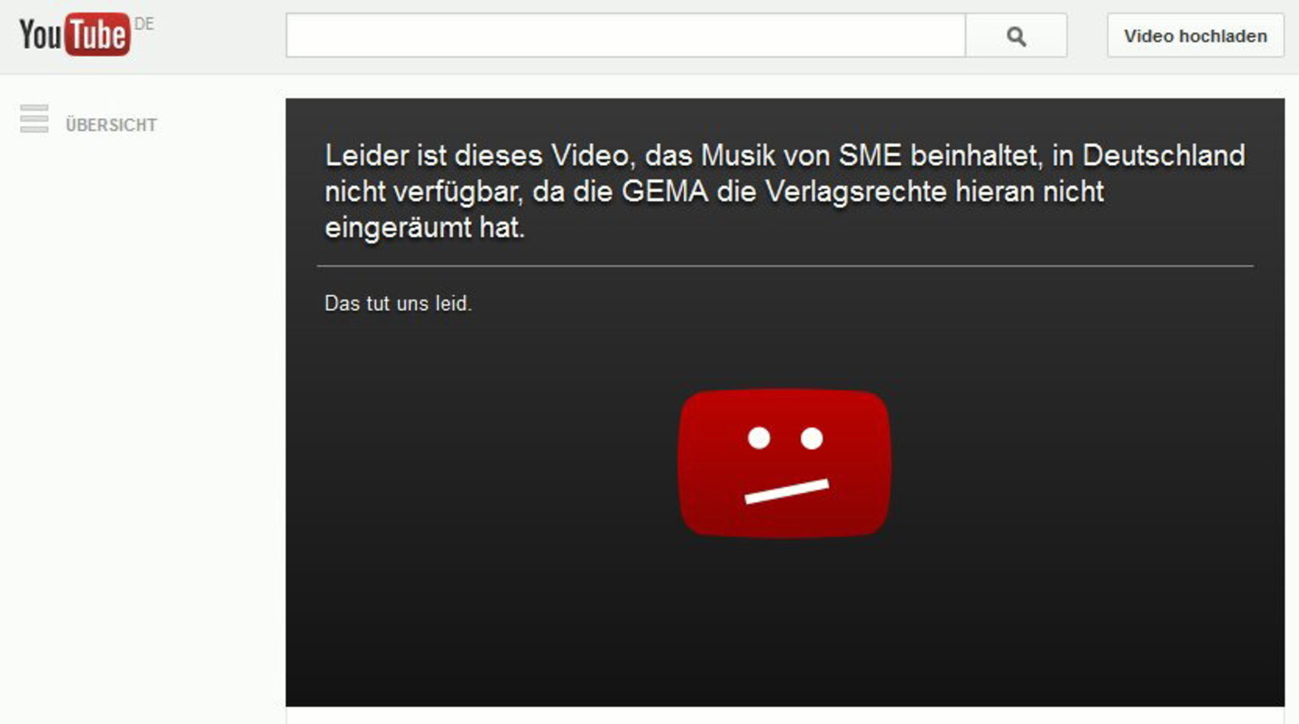 Weiterhin zu sehen: Die von der GEMA per Unterlassungsklage angemahnten Sperrtafeln auf der Videoplattform YouTube