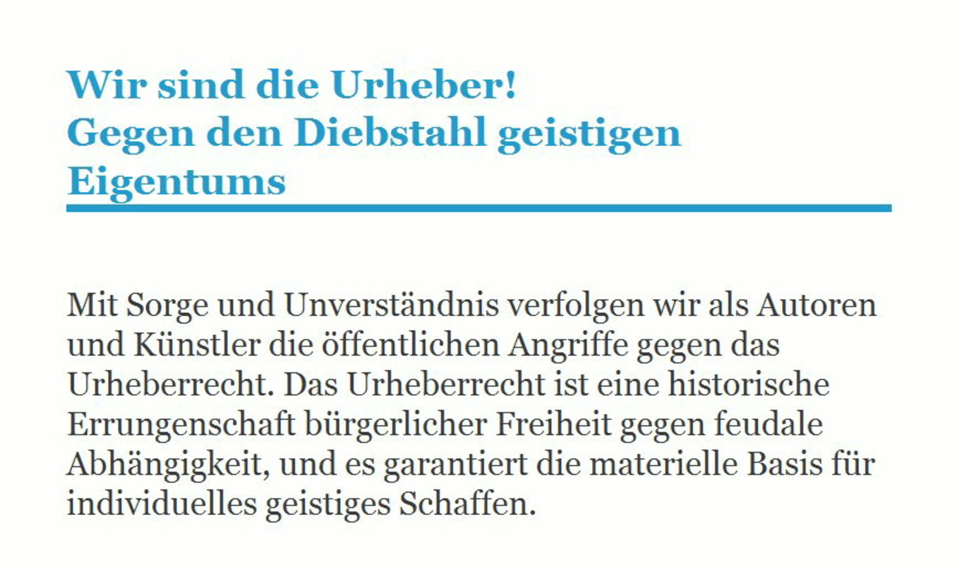 Brachte bereits viele Kreative zusammen: Der Aufruf "Wir sind die Urheber"