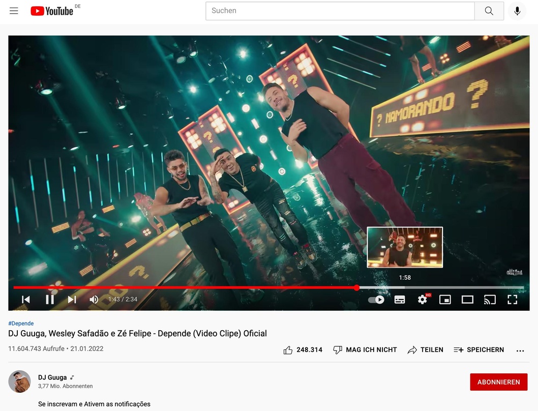 Sammelte in einer Woche über sieben Millionen Klicks: das Musikvideo zu "Depende" mit (von links): Zé Felipe, DJ Guuga und Wesley Safadão