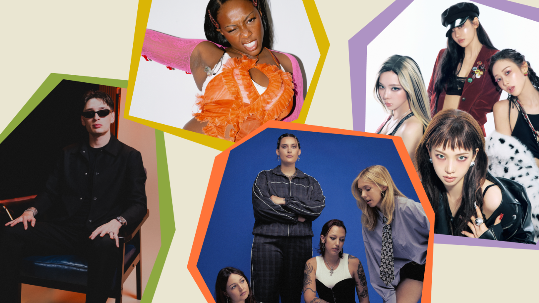 Von Spotify zum fünften Geburtstag des Radar-Programms mit in den Fokus gerückt (von links): die Radar-Acts Peso Pluma, Rachel Chinouriri, Teen Jesus and the Jean Teasers und aespa.