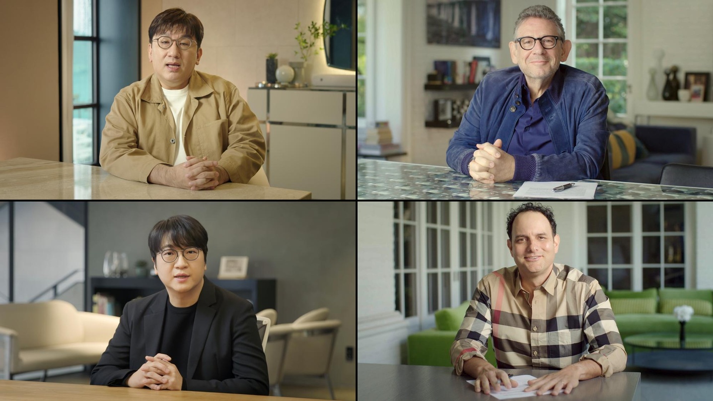 Wollen K-Pop nun auch von den USA weltweit etablieren (oben, von links): Bang Si-Hyuk (Big Hit) und Lucian Grainge (Universal Music) sowie (unten, von links) Lenzo Yoon (Big Hit) und John ...