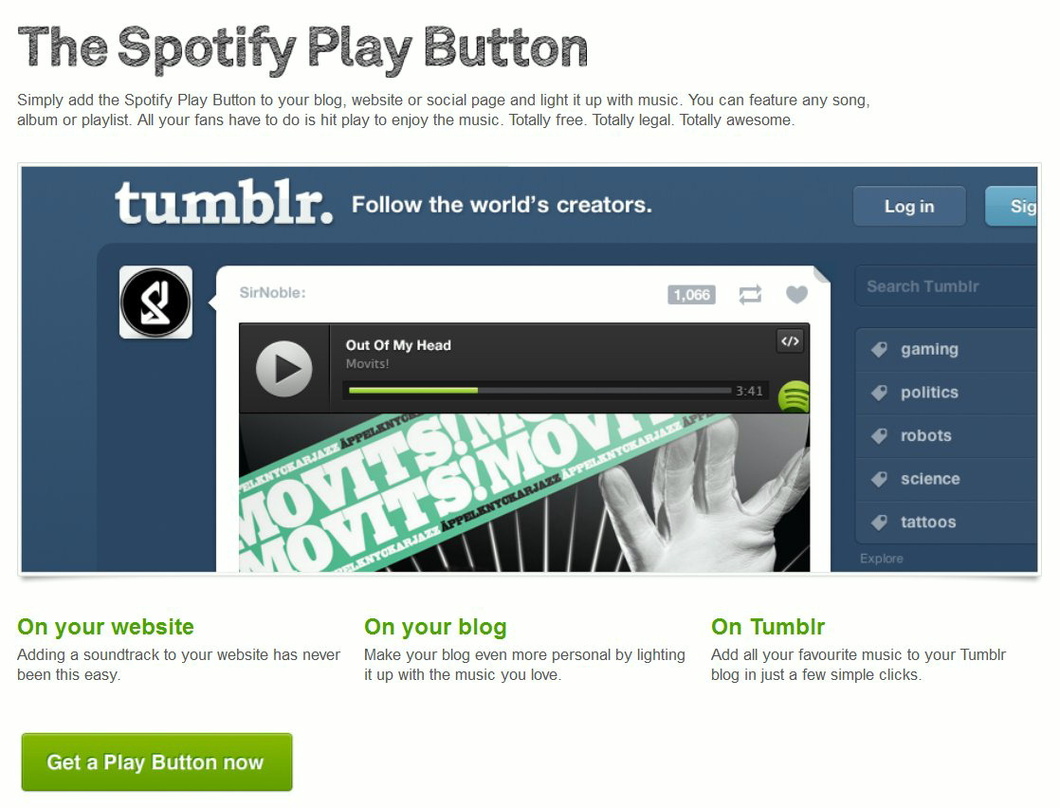 Soll unter anderem im Tumblr-Netzwerk für Musik sorgen: Der "Play Button" von Spotify