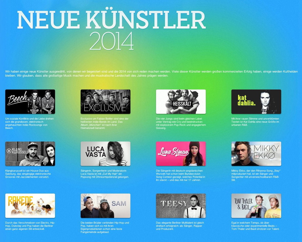Zwölf ausgewählte Acts für 2014: Das deutsche iTunes-Team stellt unter dem Motto "Neue Künstler 2014" ausgewählte Acts ins digitale Schaufenster des Apple-Downloadshops