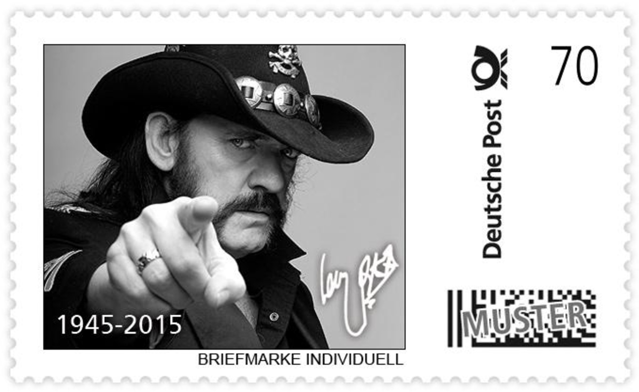 Eines von mehreren Motiven: eine Briefmarke zum Gedenken an Lemmy Kilmister von Motörhead