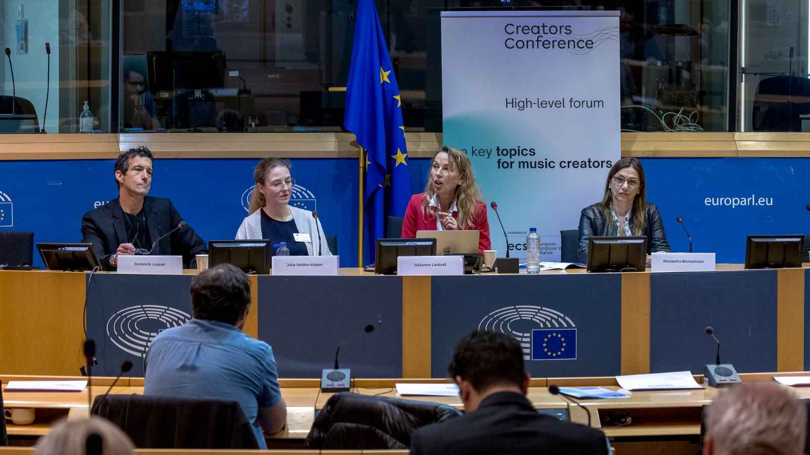 Auf der Creators Conference (von links): Dominick Luquer (International Federation of Actors), Julia Niebler-Kaiser (Deputy General Counsel GEMA), Helienne Lindvall (President ECSA) und Al...