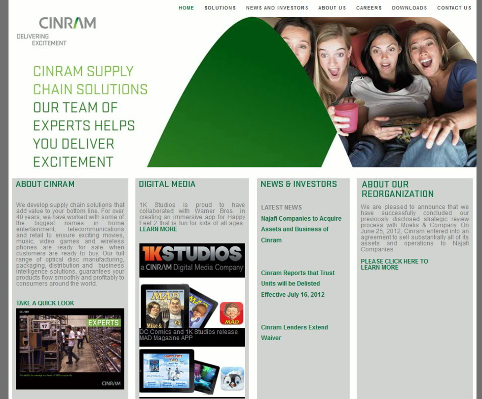Informiert inzwischen über die "Reorganization": Die Cinram-Homepage
