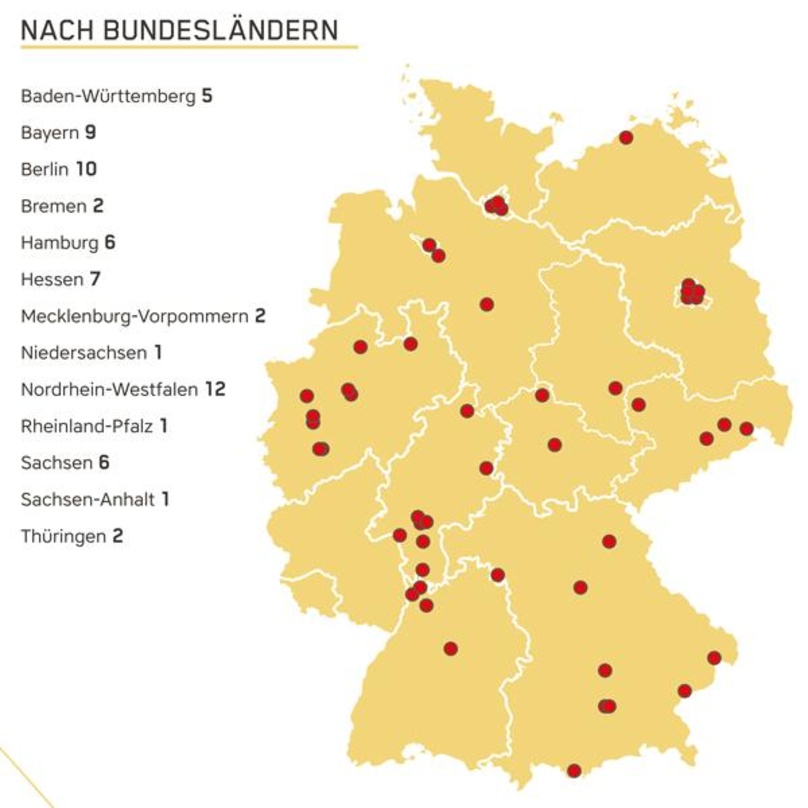 Die Landkarte der Sieger 2016: Bei der Verleihung des Spielstättenprogrammpreises Applaus hat Nordrhein-Westfalen im Ranking der Bundesländer die Nase vorn, gefolgt von Berlin und Bayern