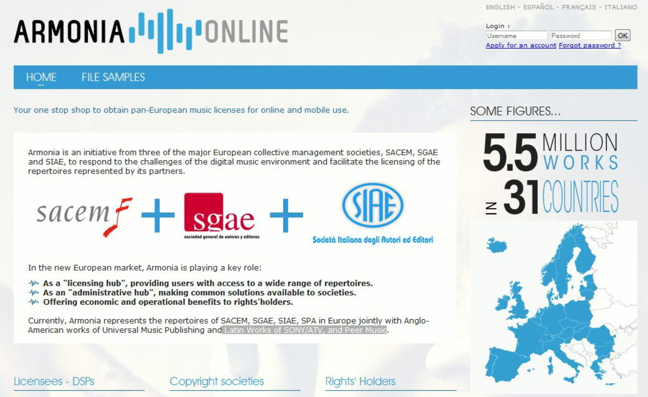 Vertritt 5,5 Millionen Werke in 31 Märkten: Die Lizenzplattform Armonia, aufgebaut von SACEM, SGAE und SIAE sowie Universal Music Publishing