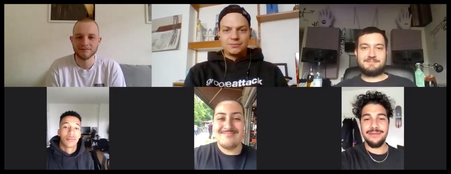 Besiegelten die Zusammenarbeit in Corona-Zeiten bei einem Online-Meeting (oben, von links): Michael Simon und Kristof Jansen (beide Groove Attack) sowie 24Seven und (unten, von links Jiby,...
