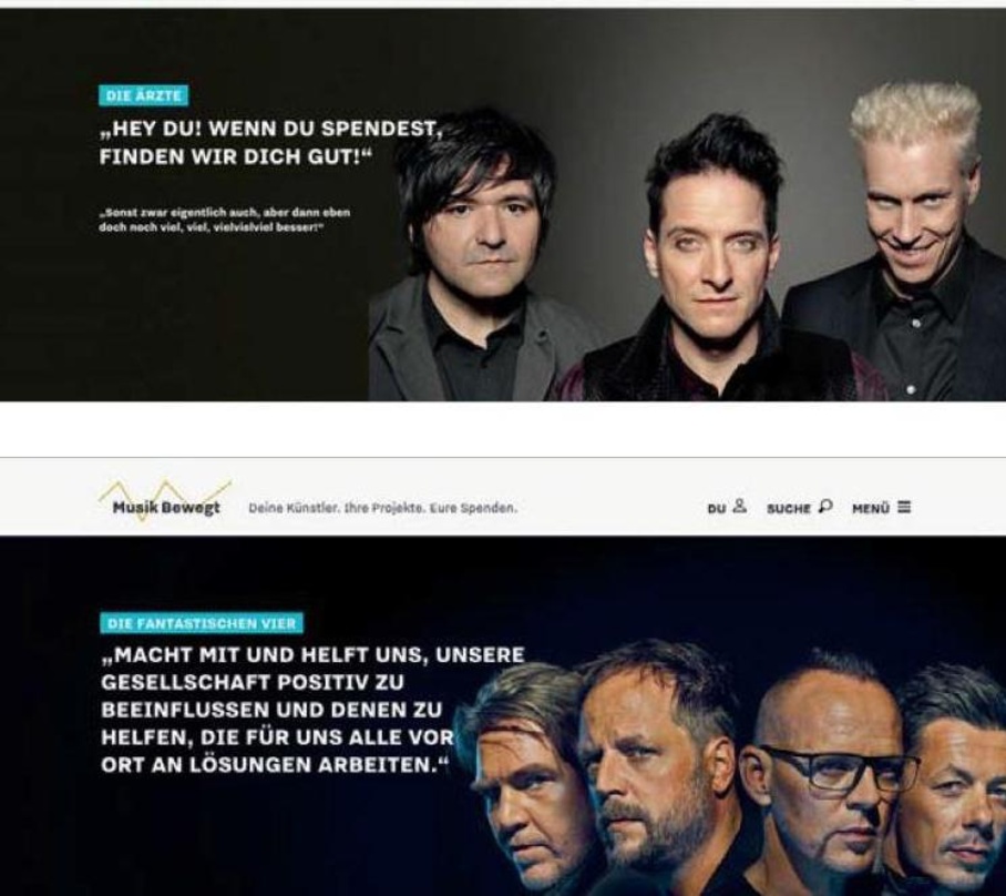 Beispiele für Engagement für soziale Projekte via Musik Bewegt: Die Ärzte und Die Fantastischen Vier mit Screenshots ihrer Botschaften auf www.musik-bewegt.de