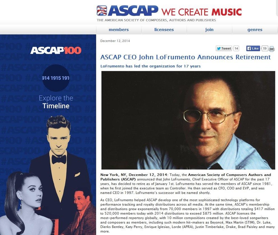 Kündigt nach 33 Jahren in Diensten der ASCAP und 17 Jahren an deren Spitze seinen Rückzug an: John LoFrumento