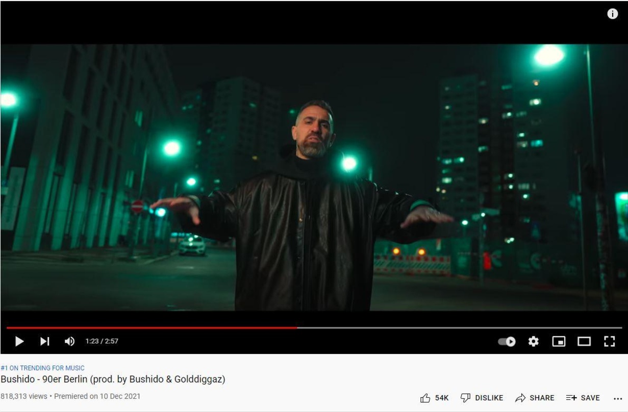 Bushido setzte sich am zurückliegenden Wochenende mit seinem Video zum Track "90er Berlin" an die Spitze der deutschen YouTube-Musik-Trendcharts