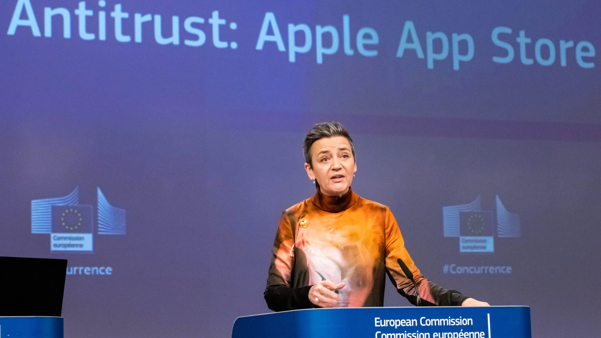 Dringt auf eine Durchsetzung des DMA-Gesetzes für digitale Märkte: die in der noch jüngsten Legislatur unter anderem für Wettbewerbspolitik zuständige Margrethe Vestager, hier bei der Beka...