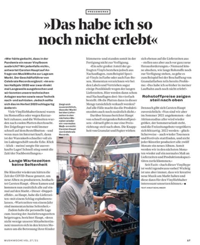 Zeigt sich zuversichtlich, dass der Markt bei den Lieferzeiten in den nächsten Monaten wieder ein »normales Maß« erreicht: Carsten Haupt von Celebrate Records.