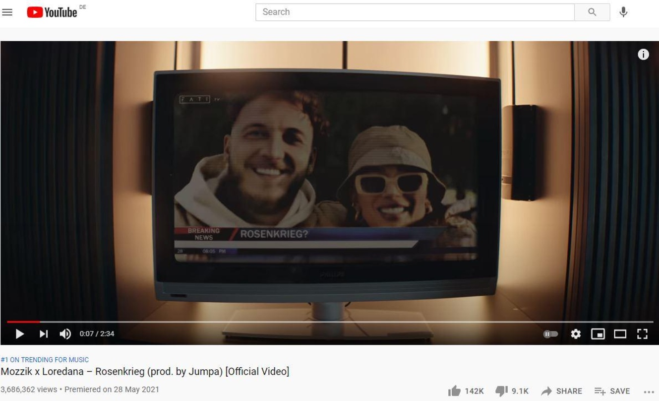 Auf Platz ein der deutschen YouTube-Musik-Trendcharts: Mozzik und Loredana mit "Rosenkrieg"