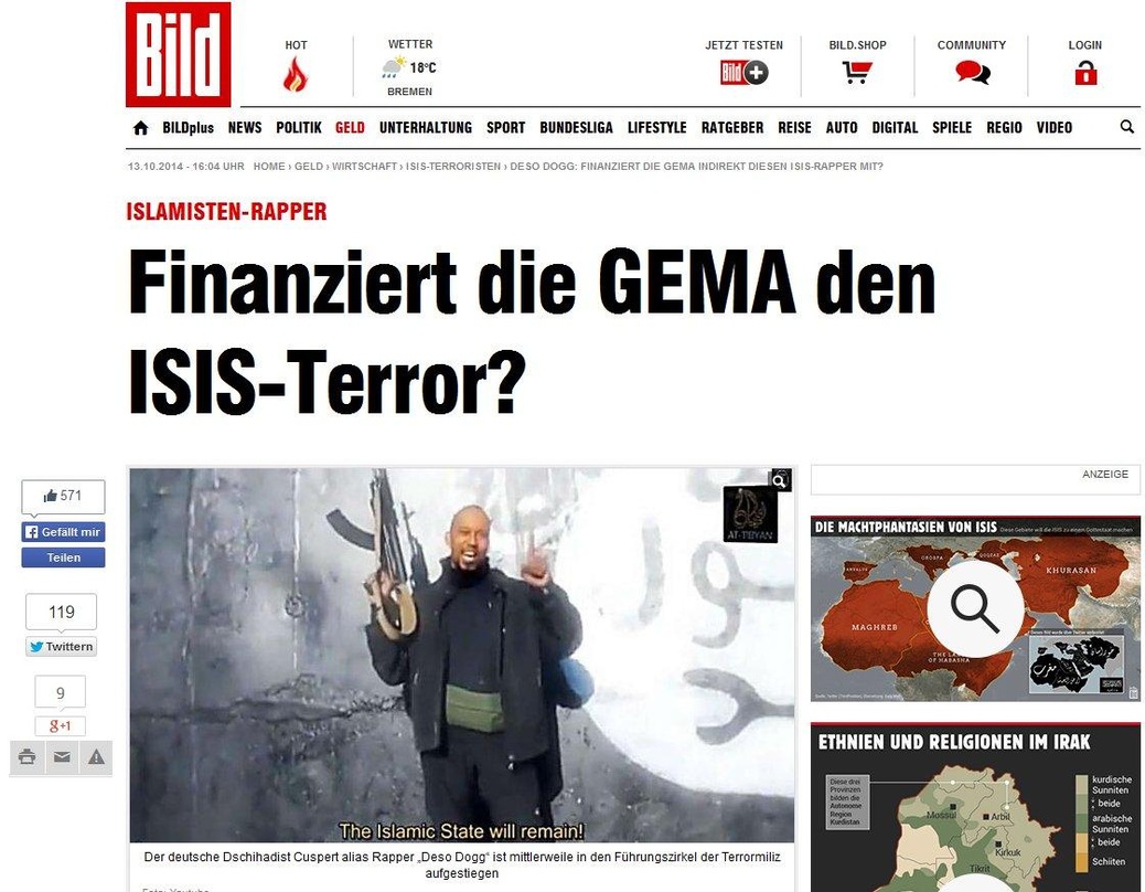 "Finanziert die GEMA den ISIS-Terror?": Berichterstattung der "Bild"-Zeitung