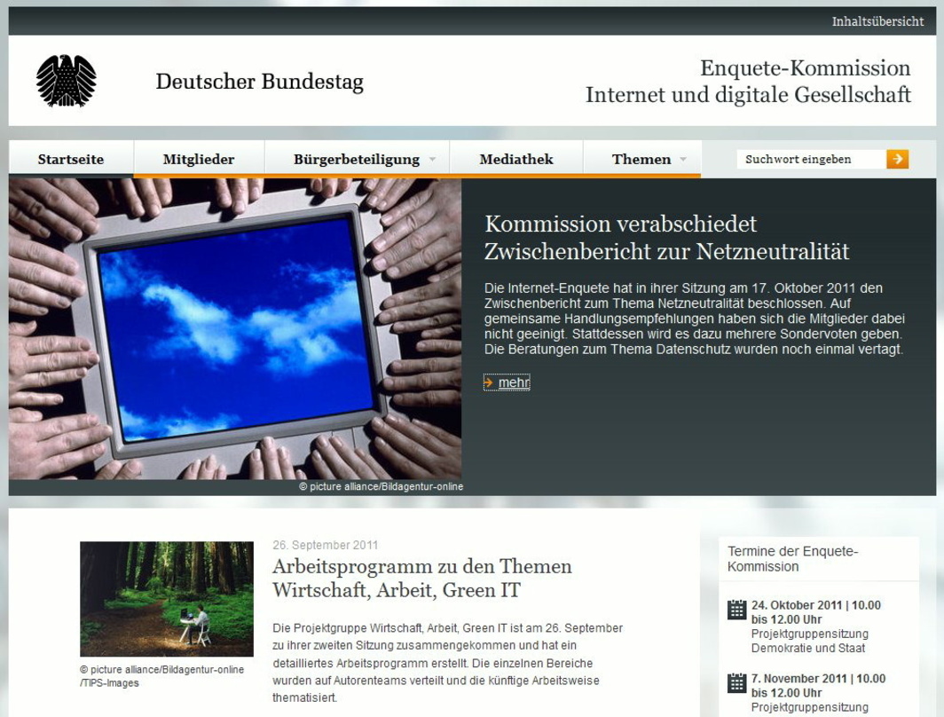 Zwischenbericht zur Netzneutralität verabschiedet: Die Homepage der Enquete-Kommission "Internet und digitale Gesellschaft"
