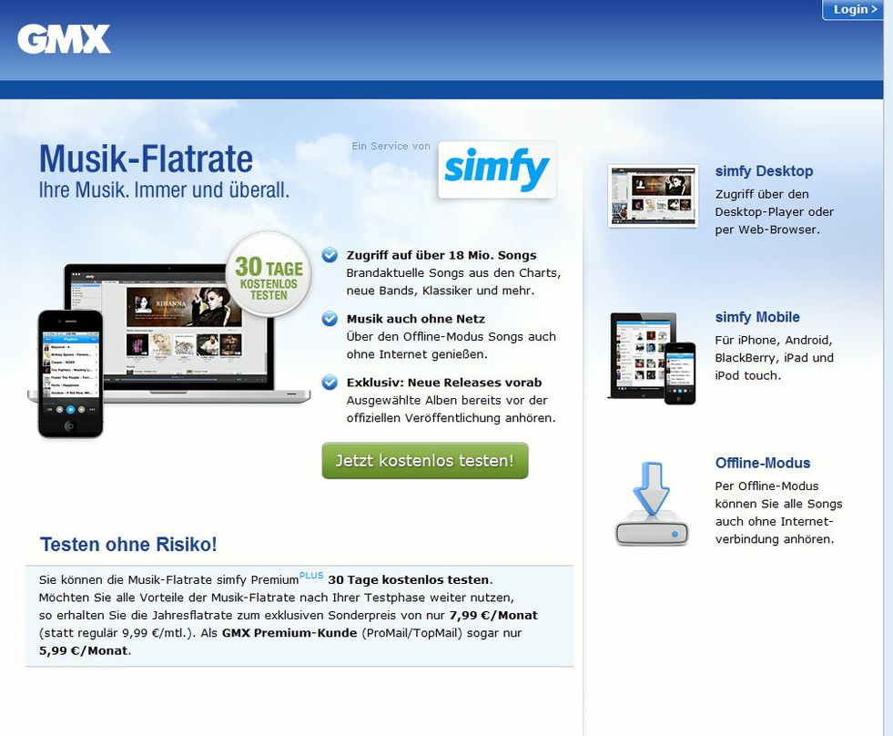 Neues Angebot: GMX will Nutzern Simfy schmackhaft machen