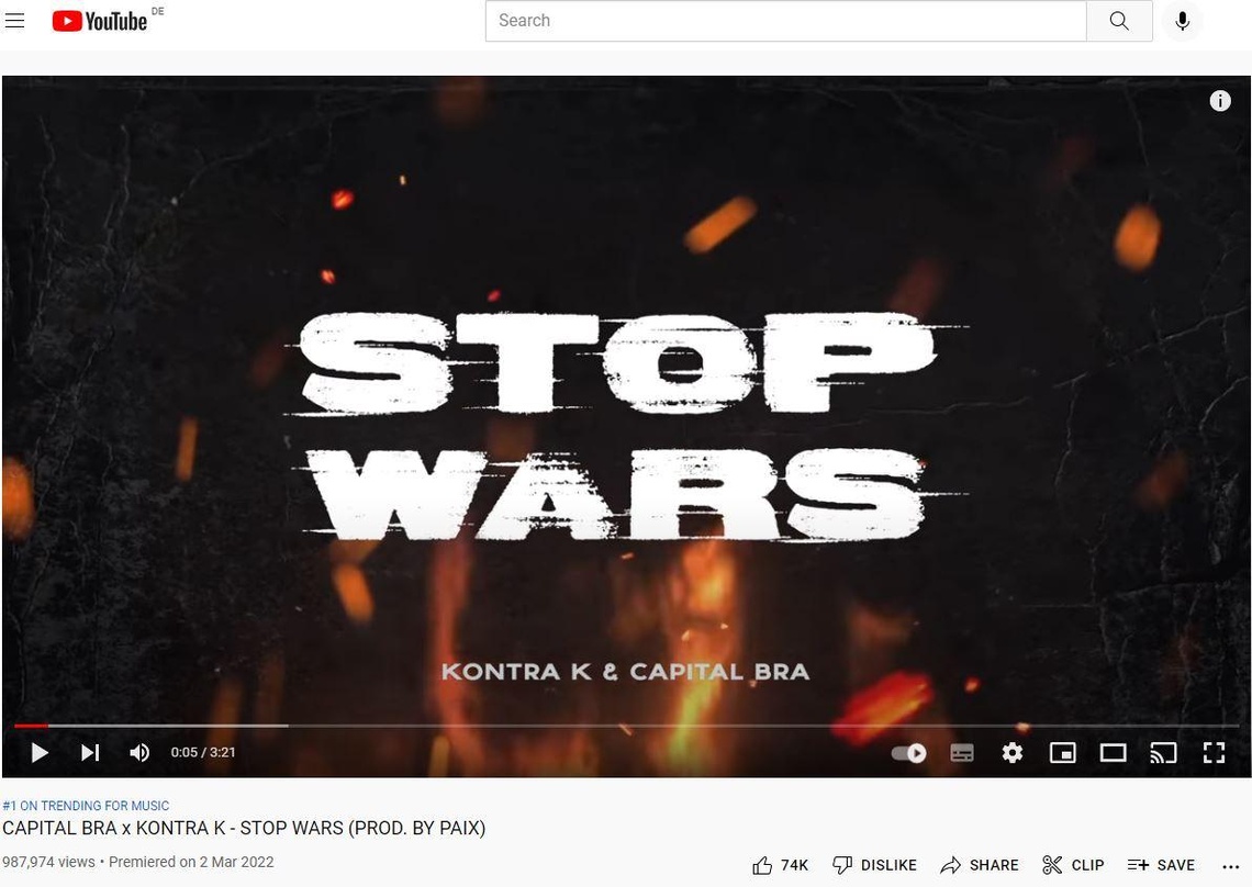 Kontra K & Capital Bra führten am Wochenende mit "Stop Wars" die deutschen YouTube-Trendcharts an
