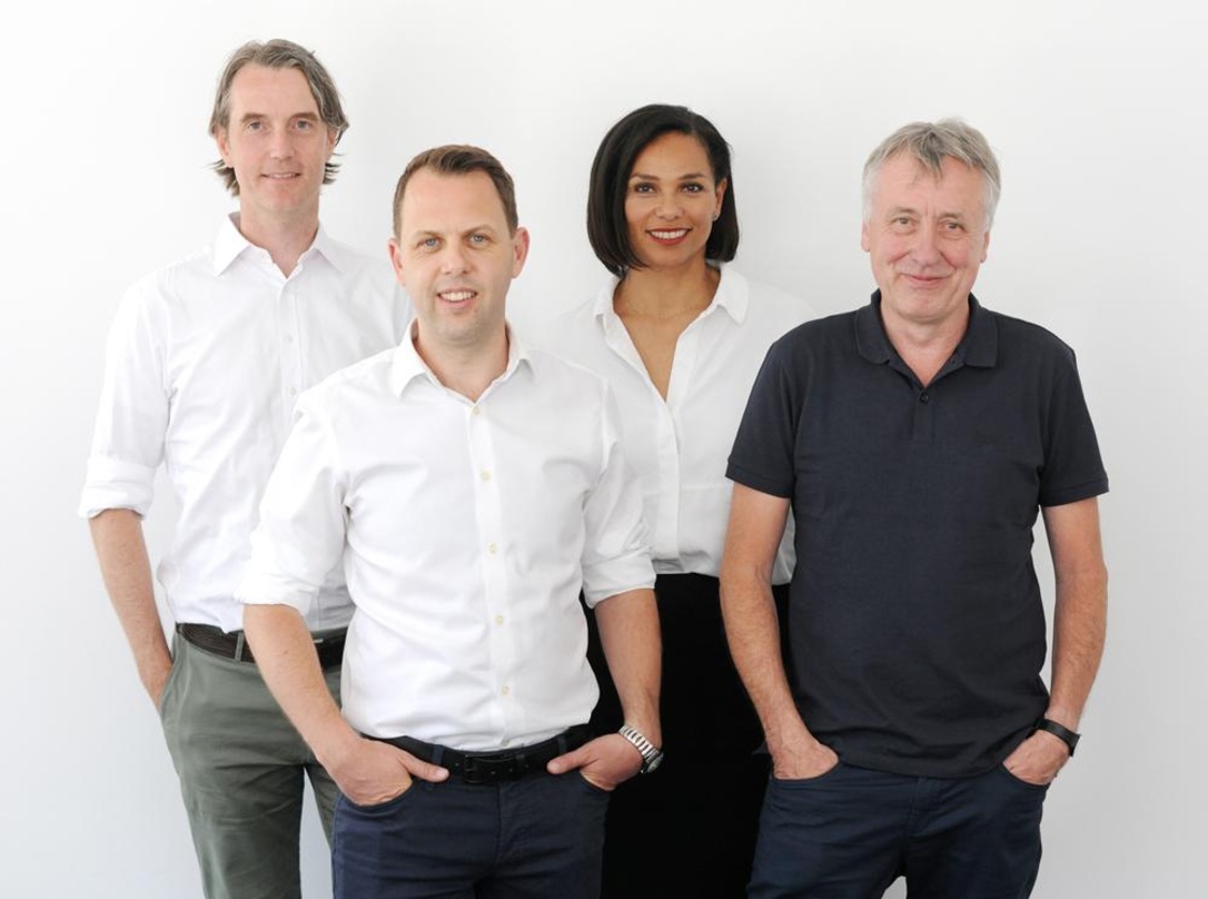 Bilden das neu formierte Geschäftsführungsteam von BMG (von links): CFO Maximilian Dressendörfer, COO Ben Katovsky, Ama Walton (Global General Counsel und Chief Human Resources Officer) un...