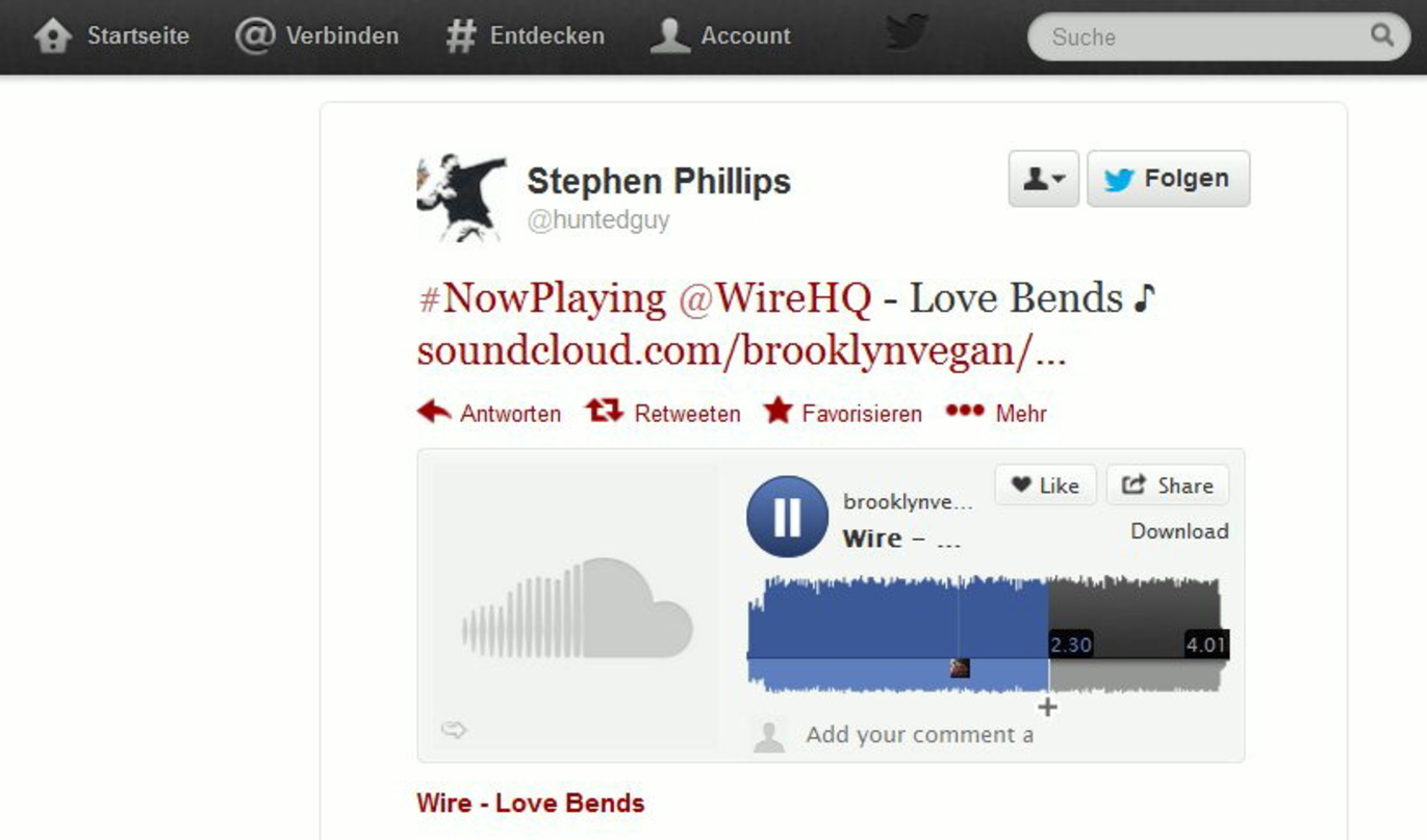 Wer sich über sein Netzwerk auf Twitter mit Musikempfehlungen versorgen lässt, könnte dabei durchaus auf Freunde mit Geschmack treffn: ein Tweet des We-Are-Hunted-Gründers Stephen Phillips