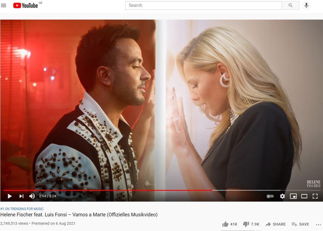 Auch am zurückliegenden Wochenende auf Platz eins der deutschen YouTube-Trendcharts: Helene Fischer und Luis Fonsi mit "Vamos A Marte"