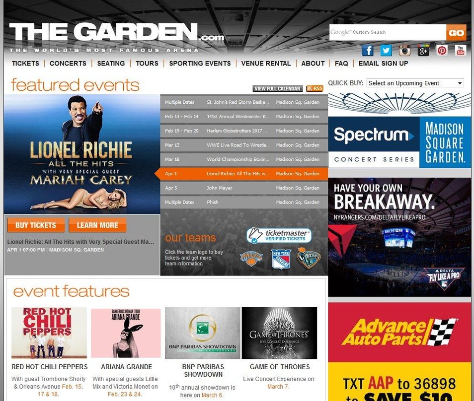 Lionel Richie und Mariah Carey sind bereits angekündigt, die Grammy-Verleihung 2018 aber noch nicht: die Homepage des Madison Square Gardens in New York