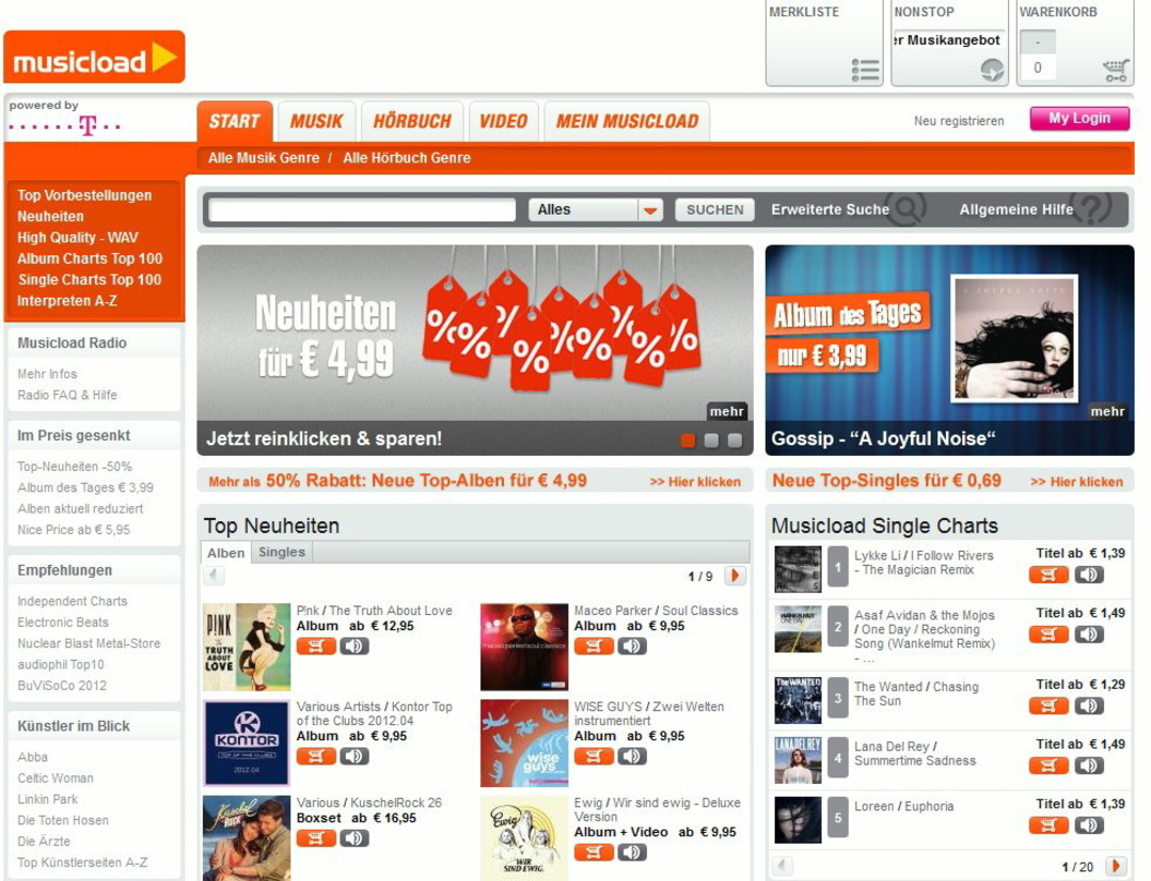 Preismarketing: Musicload bewirbt ausgewählte Neuheiten und Alben des Tages zu Sonderpreisen
